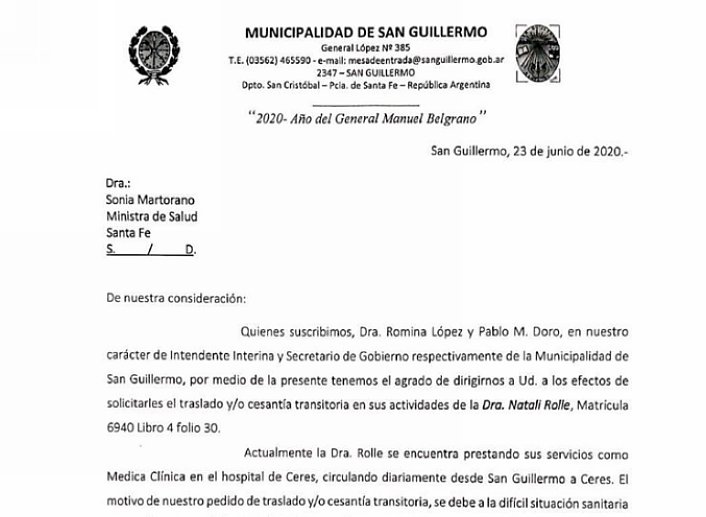 San Guillermo: El municipio pidió el traslado de una médica que trabaja en Ceres