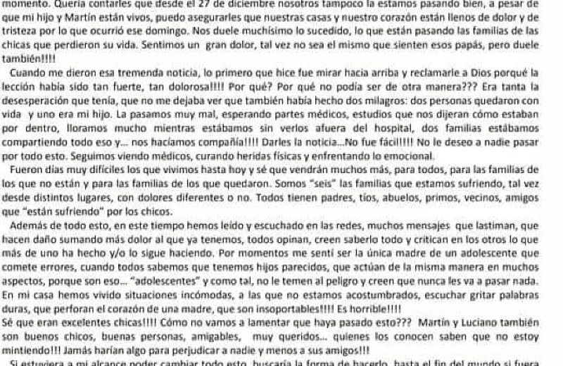 Sentida carta de la mamá de uno de los jóvenes accidentados en ruta 23