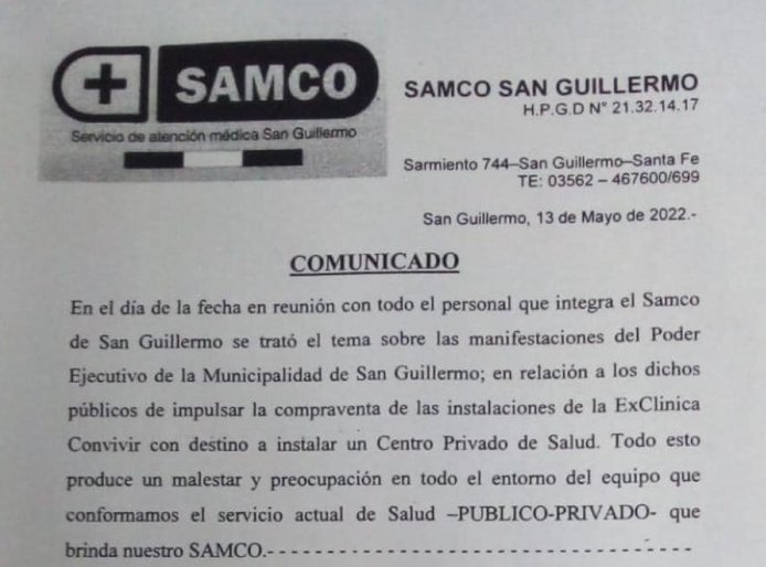 Personal del SAMCO San Guillermo alerta por la privatización de la salud