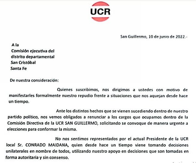 Renuncian miembros de la UCR San Guillermo por diferencias internas