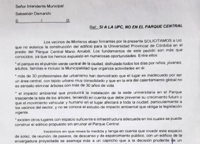 Morteros: Presentaron nota al Intendente para que frene la construcción de la UPC en el Parque Central