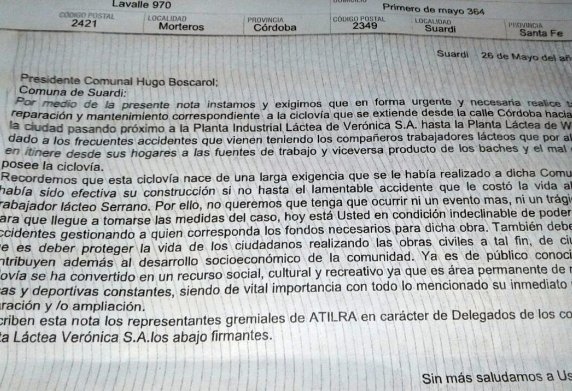 Trabajadores lácteos envían carta documento para que se repare la ciclovía