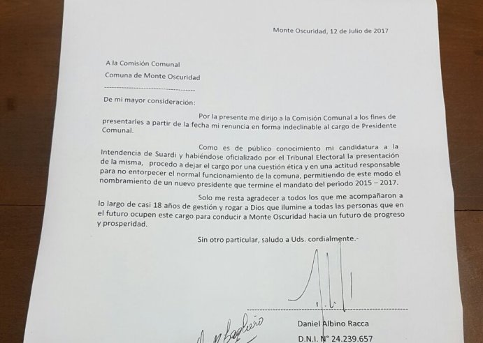 Racca formalizó su renuncia como Presidente Comunal