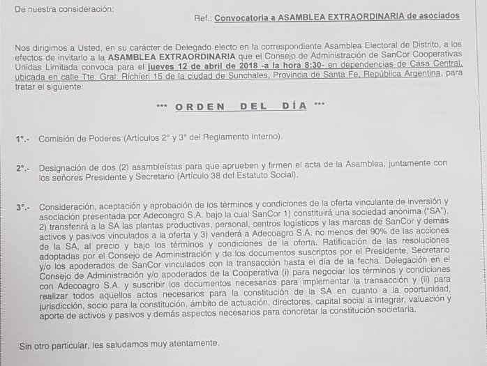 SanCor llamó a Asamblea para asociarse con Adecoagro